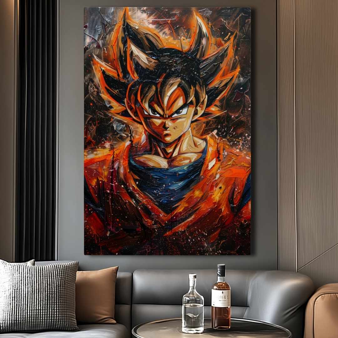 stampa su tela moderna con goku dragon ball dipinto cona aria di sfida, appeso in salotto