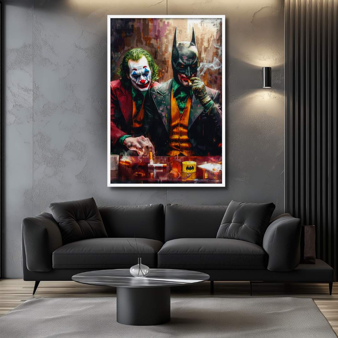 stampa su tela pop art di joker e batman che fumano ad un bar, esposta in una villa moderna