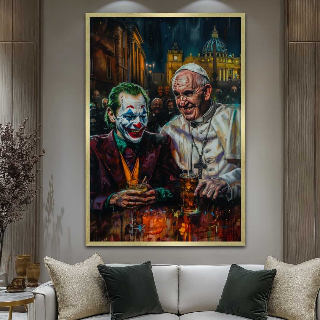 stampa su tela pop art con Joker e papa francesco bevono al bar a roma in piazza san pietro, appesa in salotto