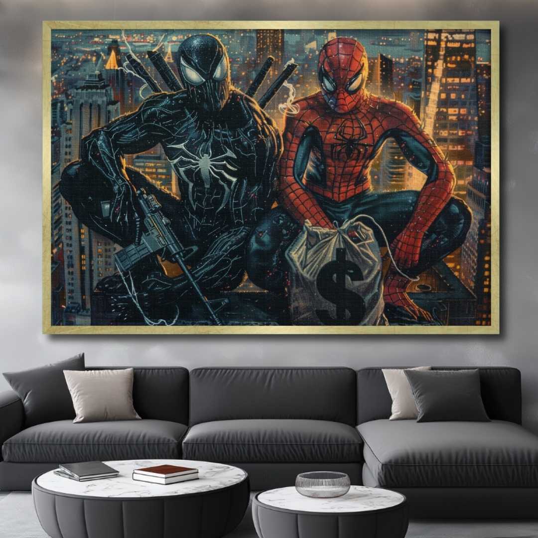 soggiorno appesa stampa su tela pop art con spiderman e venom in cima ad un grattacielo di notte, con soldi e fucili