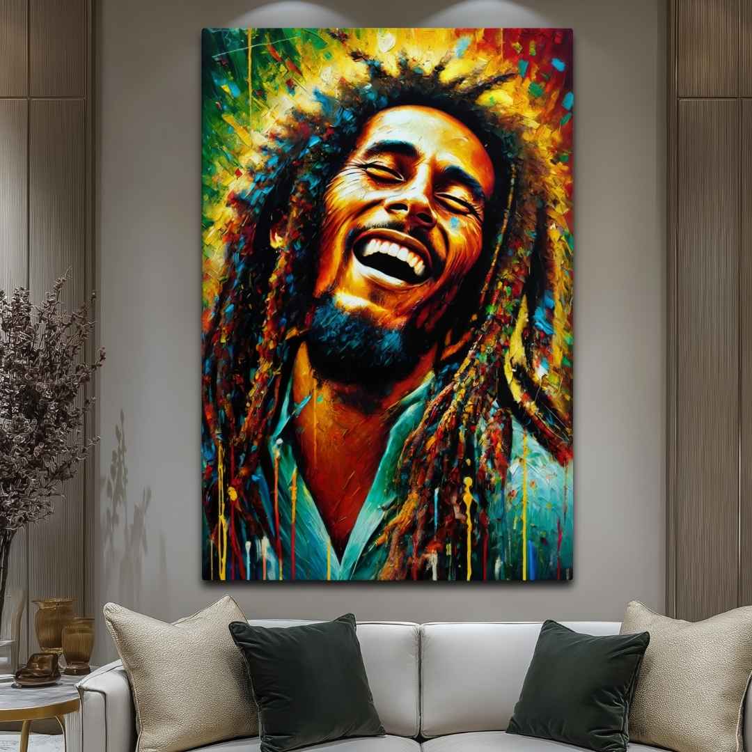 stampa su tela moderna bob marley colorato gioioso, appesa in soggiorno