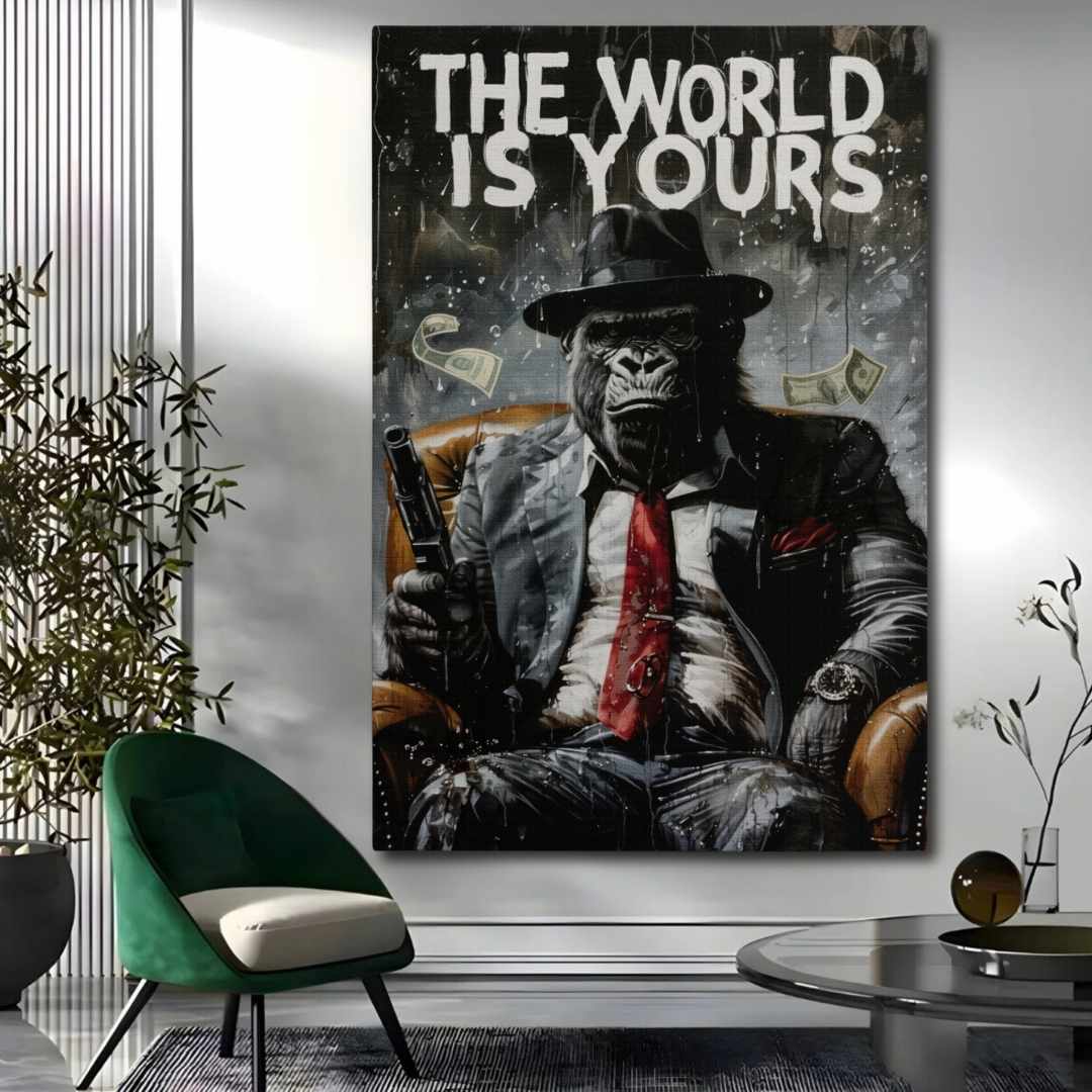 salotto appesa Stampa su tela moderna di un gorilla gangster con una pistola, con scritta 'the world is yours'