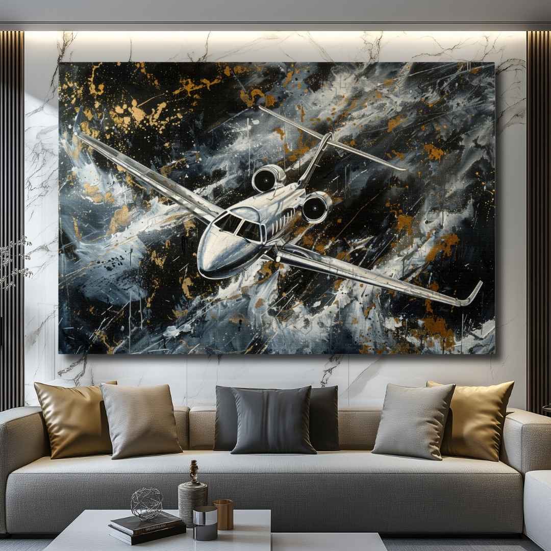 soggiorno appesa stampa su tela moderna di un Jet Privato in stile astratto-contemporaneo, colori oro nero e argento