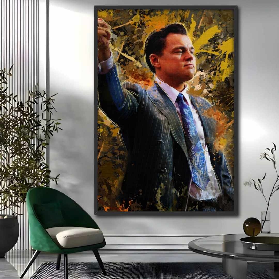 soggiorno appesa stampa su tela pop art di un ritratto Di Caprio in Jordan Belfort di The Wolf of Wall Street