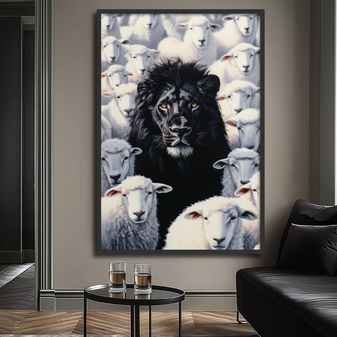 soggiorno appeso quadro moderno leone nero tra le pecore pecora nera
