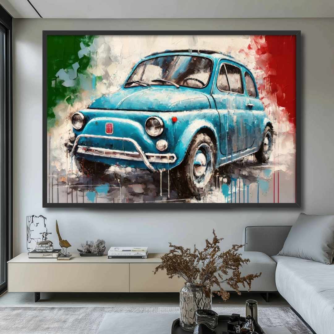 soggiorno appeso quadro moderno fiat 500 vintage blu bandiera italiana sullo sfondo
