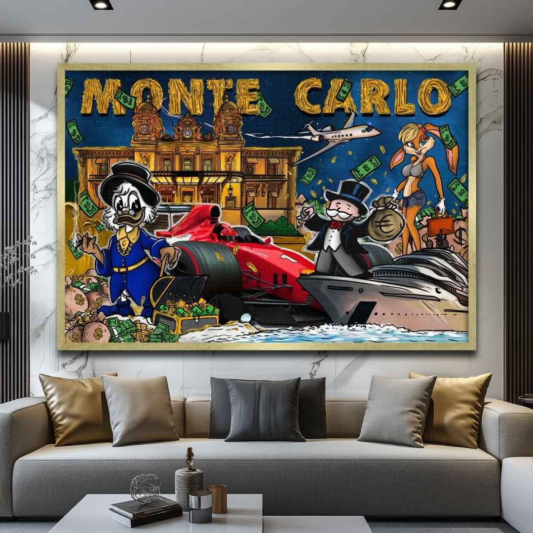 soggiorno appesa stampa su tela pop art di Montecarlo con zio paperone lola bunny e mr. monopoly, con Ferrary e Yacht