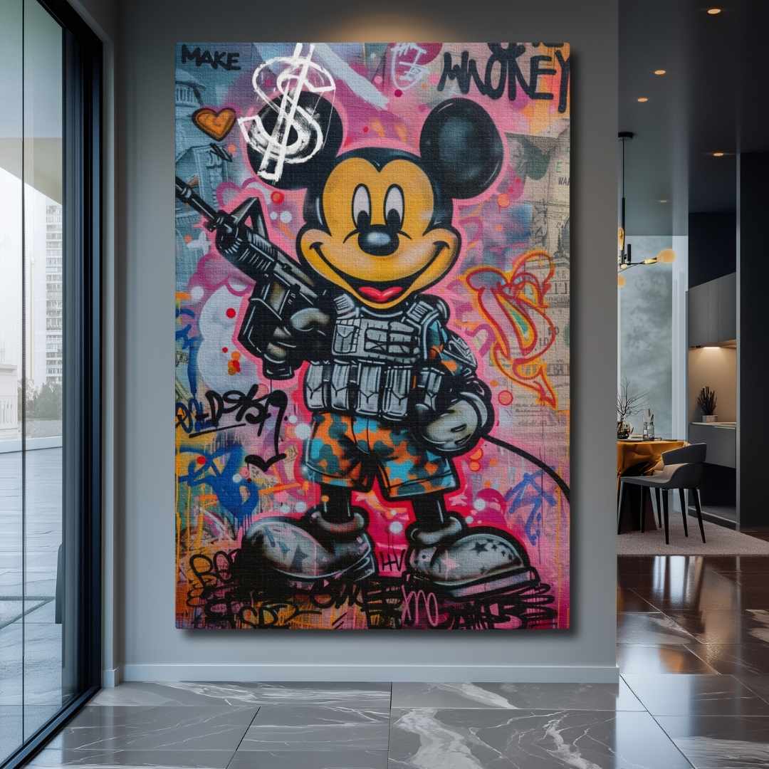 quadro moderno con topolino in stile street art con scritta 'make money', appeso in soggiorno