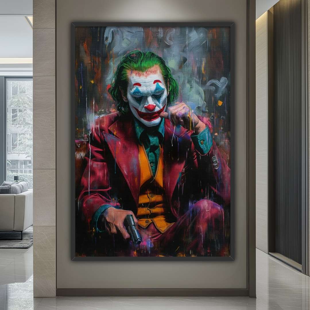 soggiorno con stampa su tela contemporanea pop art di joker pensieroso con in mano una pistola