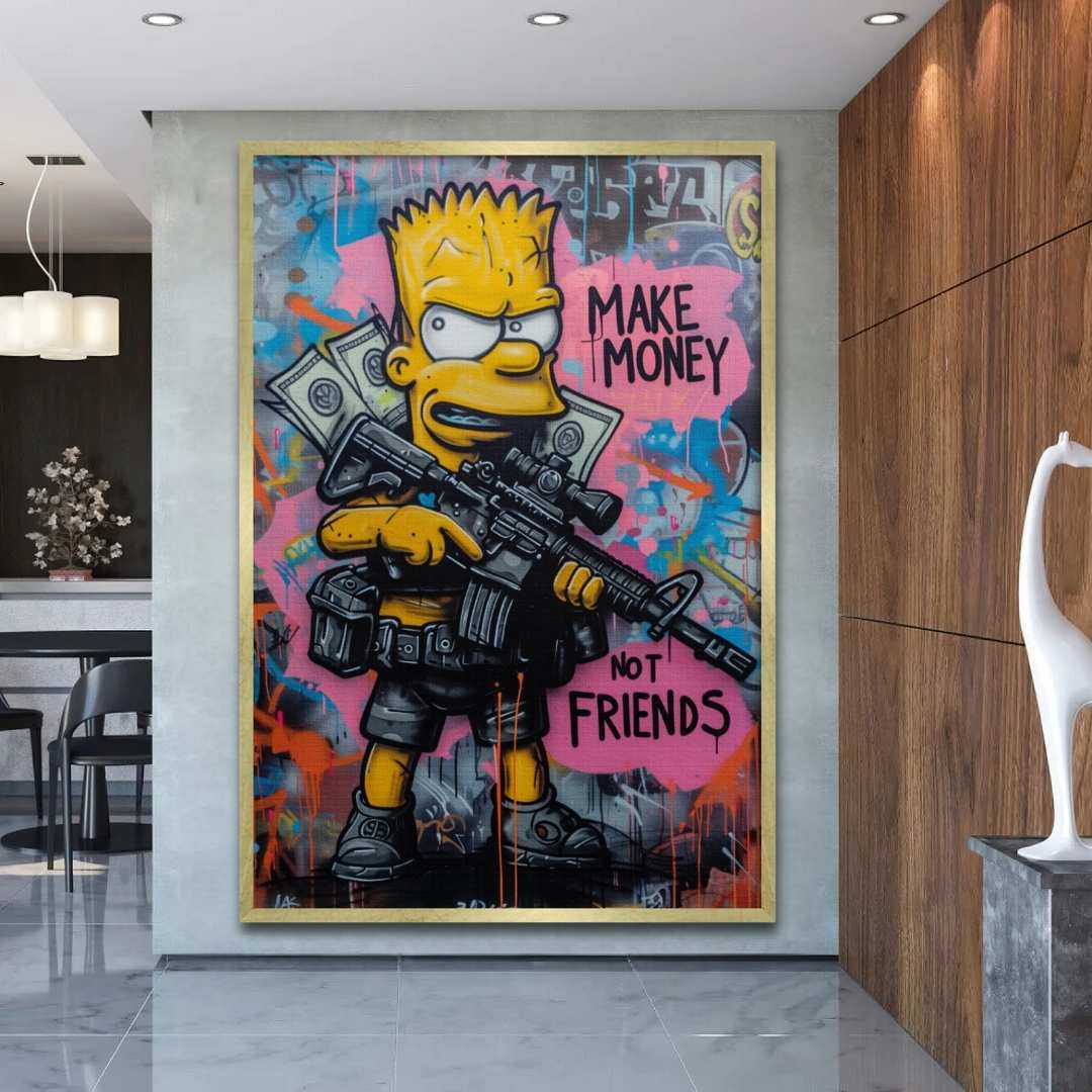 quadro moderno con bart simpson in stile street art con scritta 'make money not friends', appeso in soggiorno