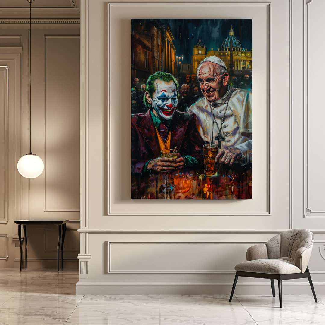 soggiorno casa con stampa su tela pop art con Joker e papa francesco bevono al bar a roma in piazza san pietro