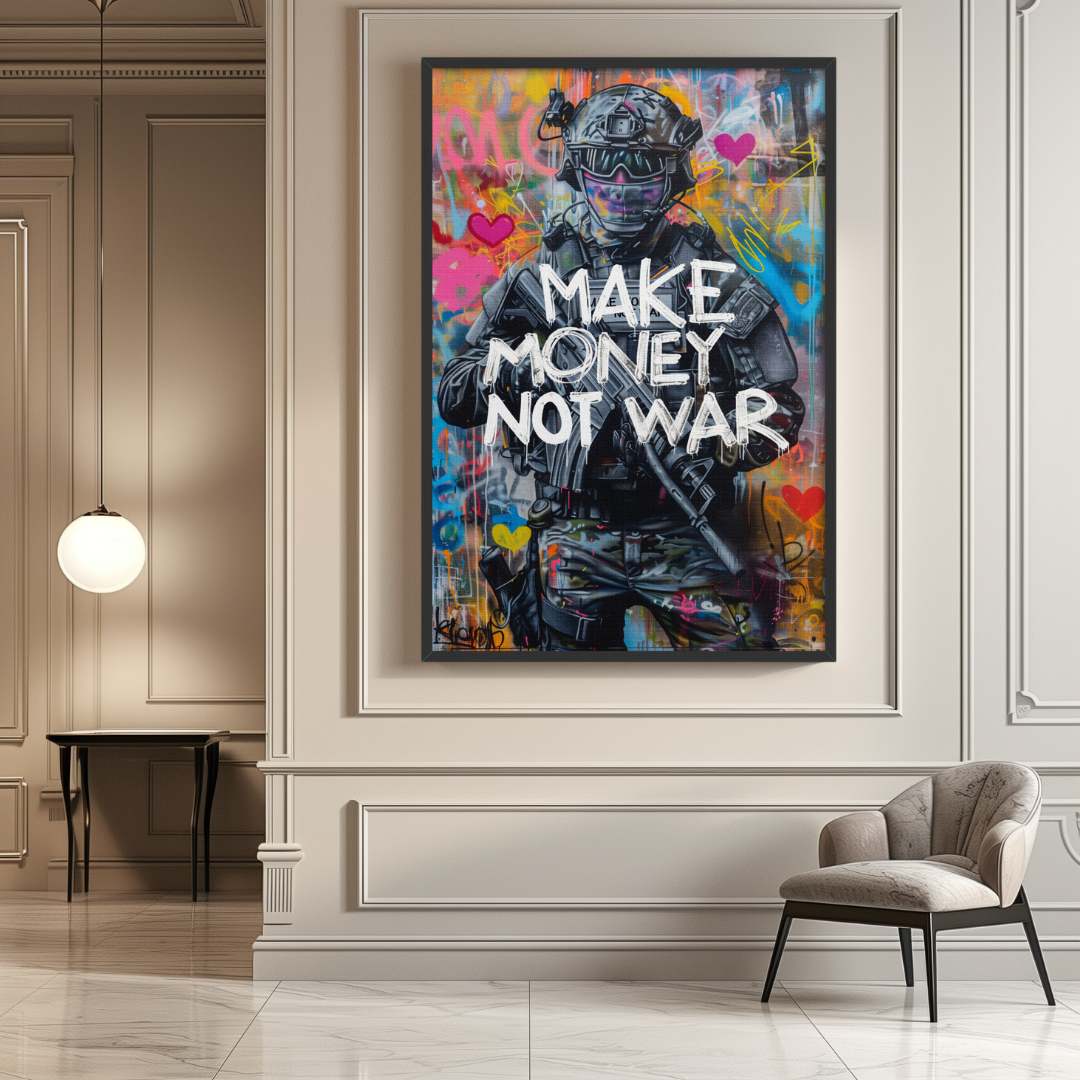 stampa su tela pop art con soldato e la scritta 'make money not war', appesa in soggiorno lussuoso