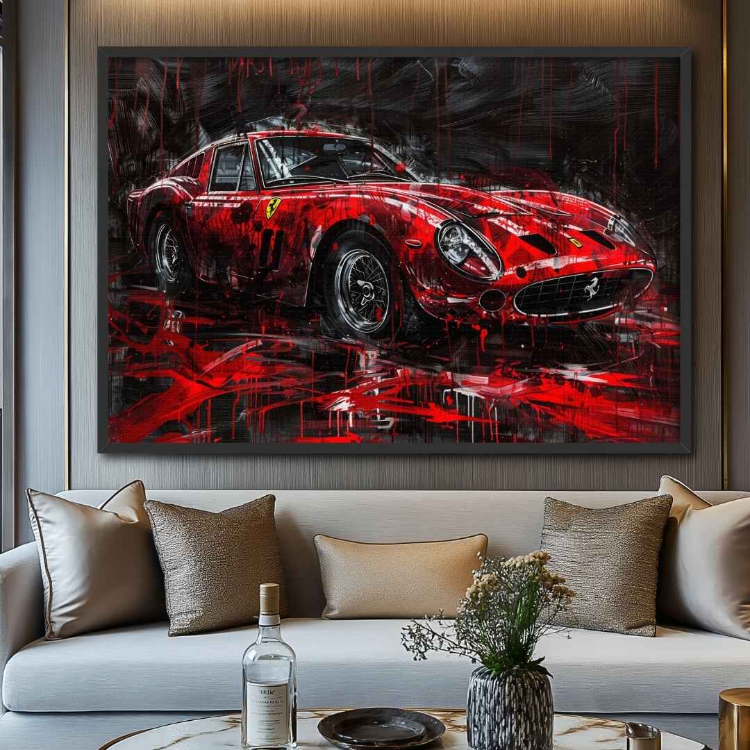 Stampa su tela moderna di una Ferrari 250 GTO in stile astratto-contemporaneo, colori rosso e nero, appesa soggiorno