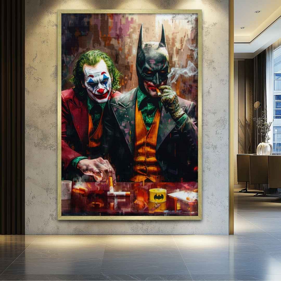 stampa su tela pop art di joker e batman che fumano ad un bar, soggiorno hotel