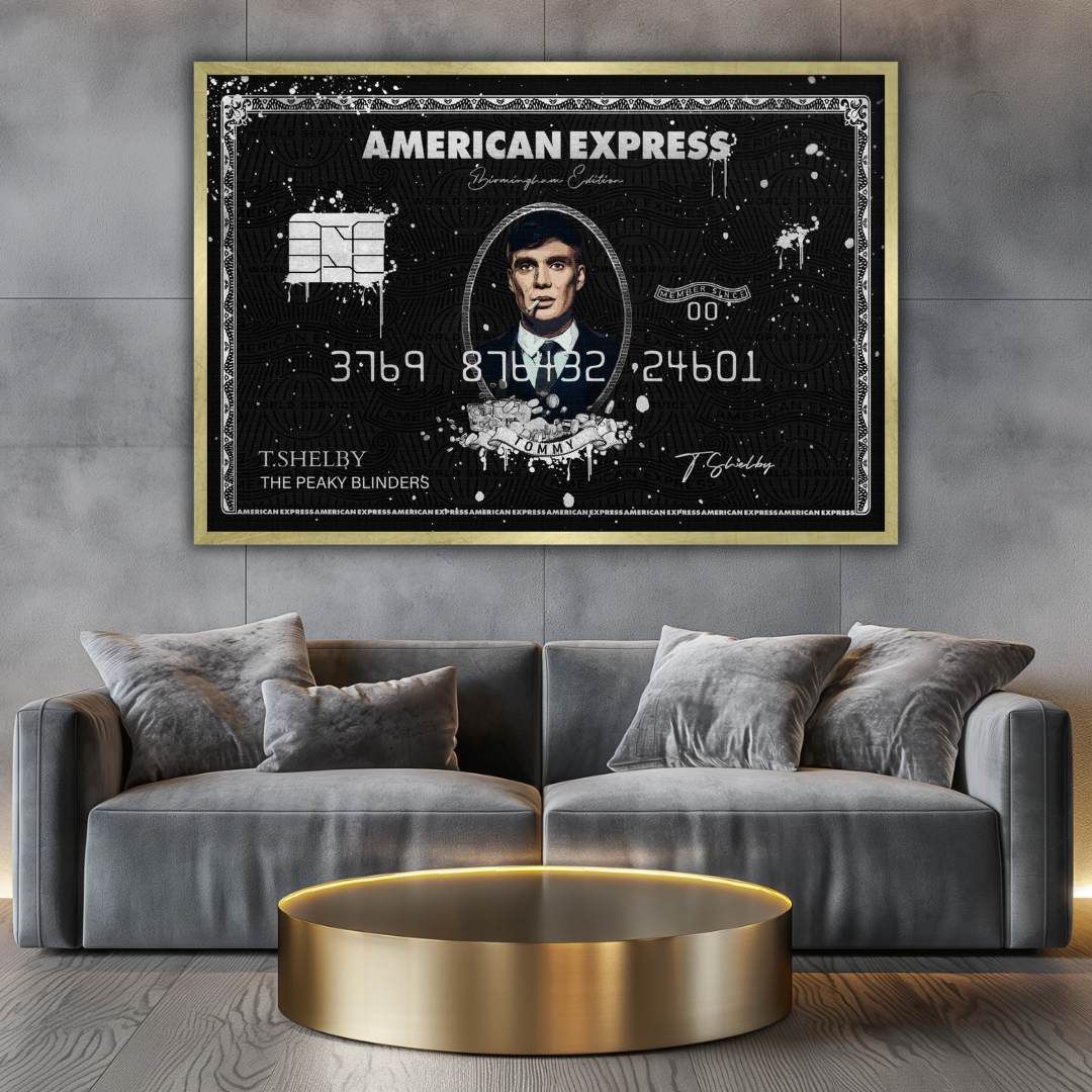 Stampa su tela pop art di carta Amex Centurion con Cillian Murphy come Tommy Shelby di Peaky Blinders, appesa in soggiorno