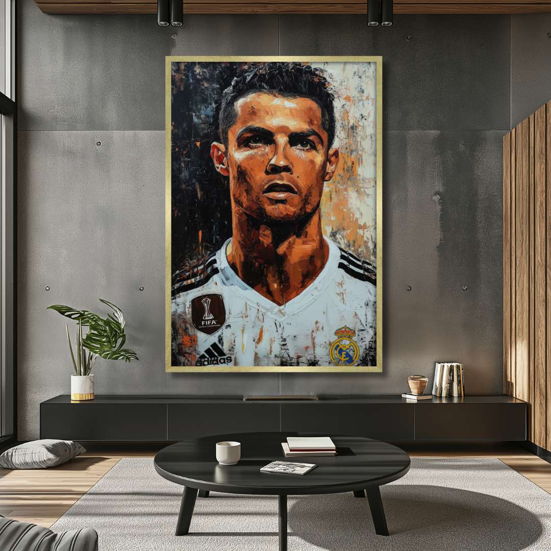 soggiorno con appesa Stampa su tela moderna con cornice  oro di Cristiano ronaldo CR7 real madrid calciatore