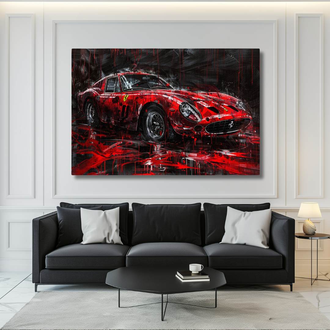 Stampa su tela moderna di una Ferrari 250 GTO in stile astratto-contemporaneo, colori rosso e nero in un elegante soggiorno