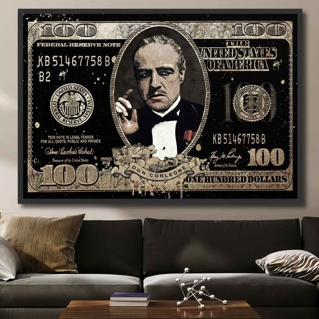 salotto appesa stampa su tela pop art di banconota da 100$ con Don Vito Corleone come Il Padrino