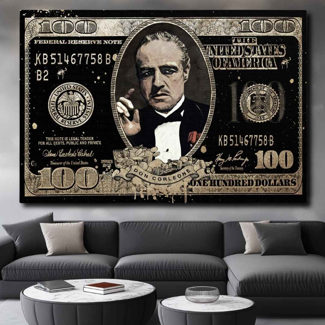 soggiorno appesa stampa su tela pop art di banconota da 100$ con Don Vito Corleone come Il Padrino