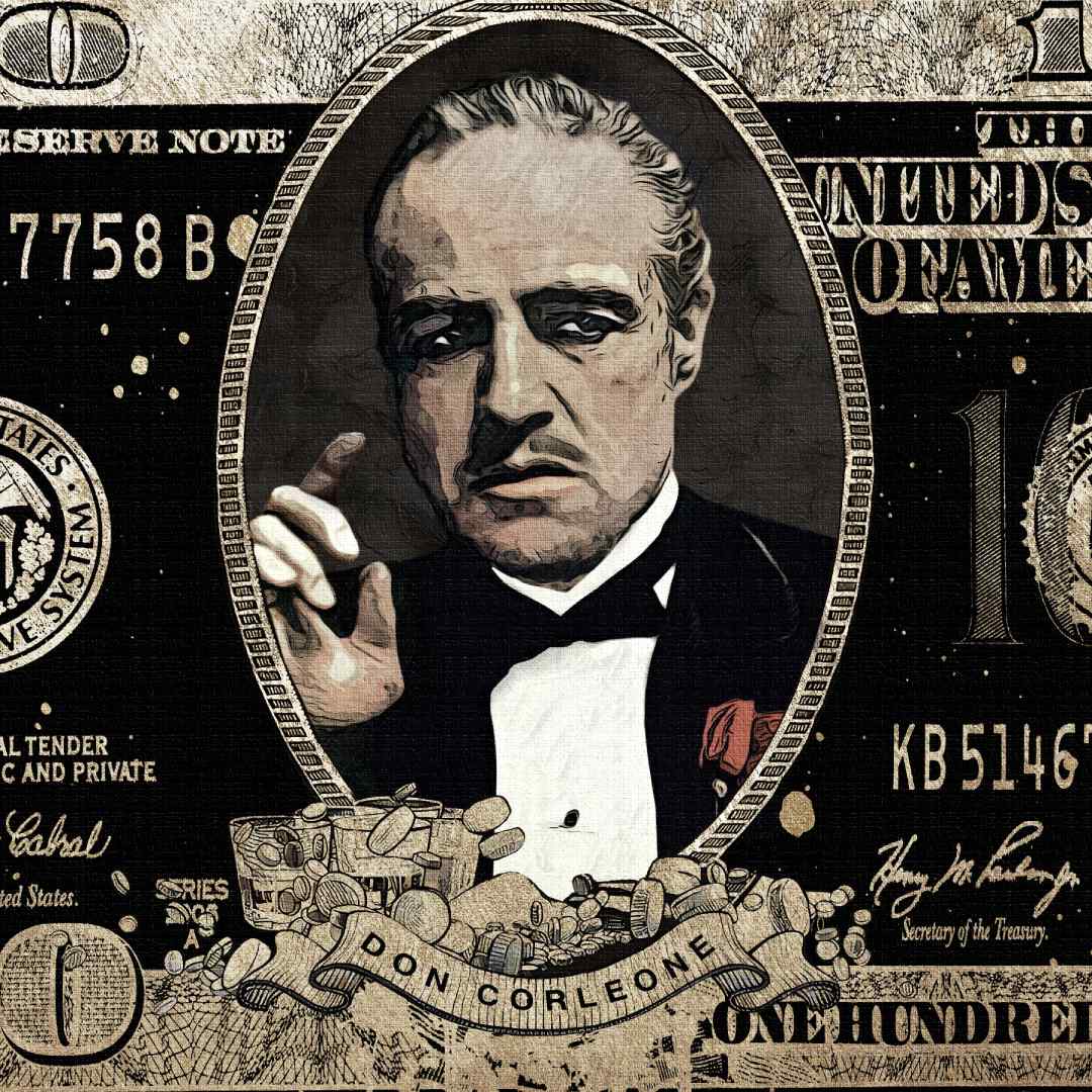 Ravvicinato di stampa su tela pop art di banconota da 100$ con Don Vito Corleone come Il Padrino