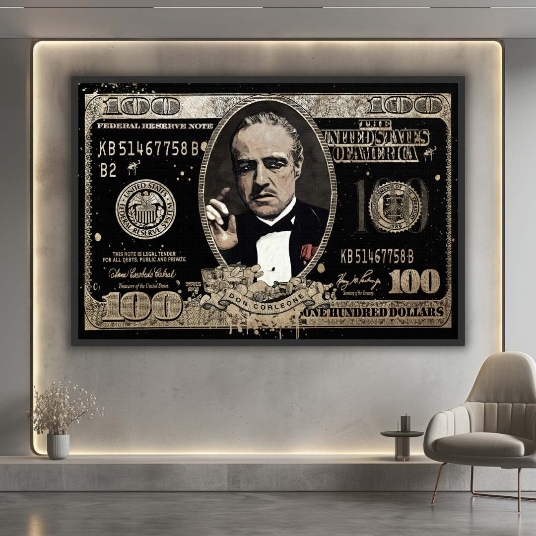 Soggiorno con stampa su tela pop art di banconota da 100$ con Don Vito Corleone come Il Padrino