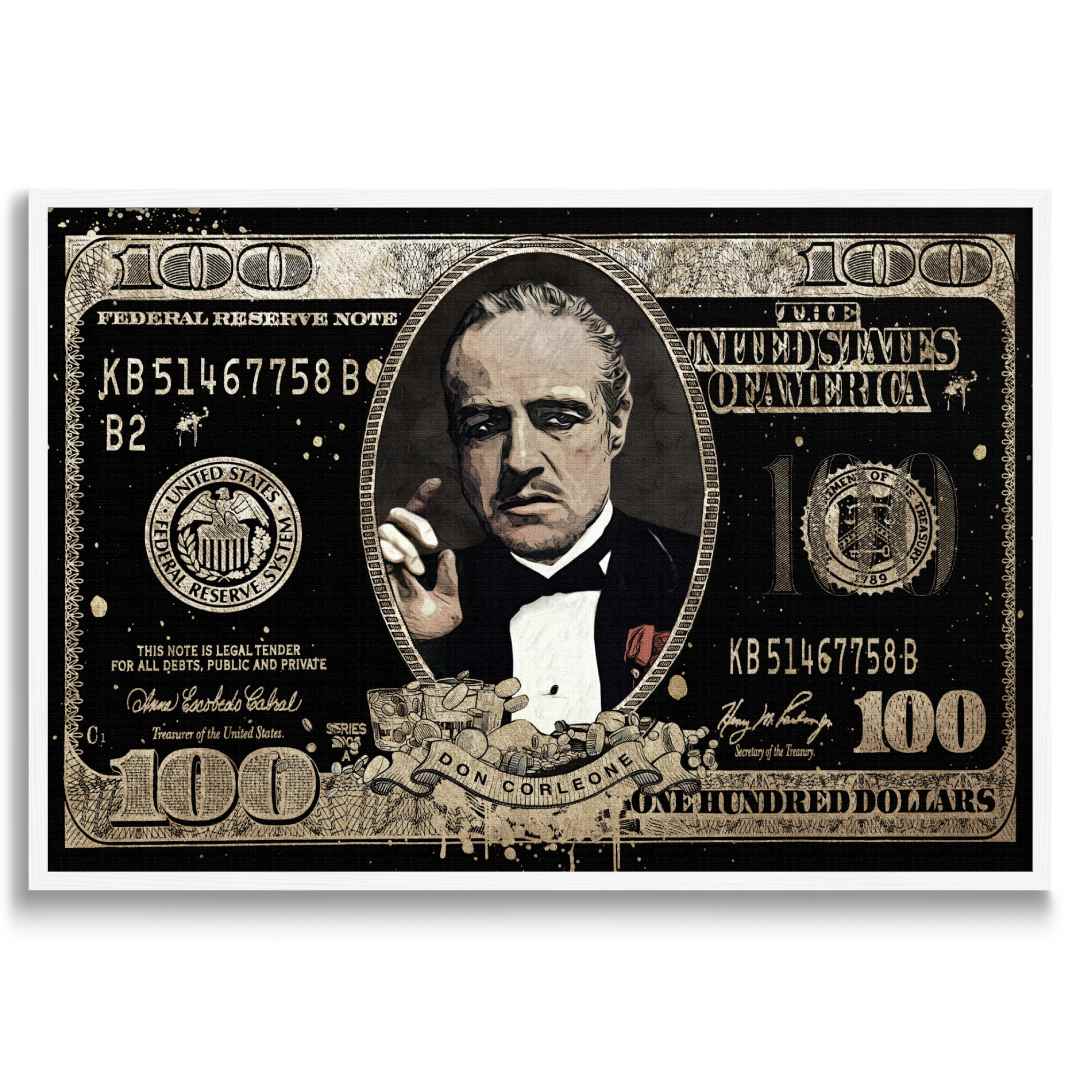 Stampa su tela pop art di banconota da 100$ con Don Vito Corleone come Il Padrino con cornice bianca