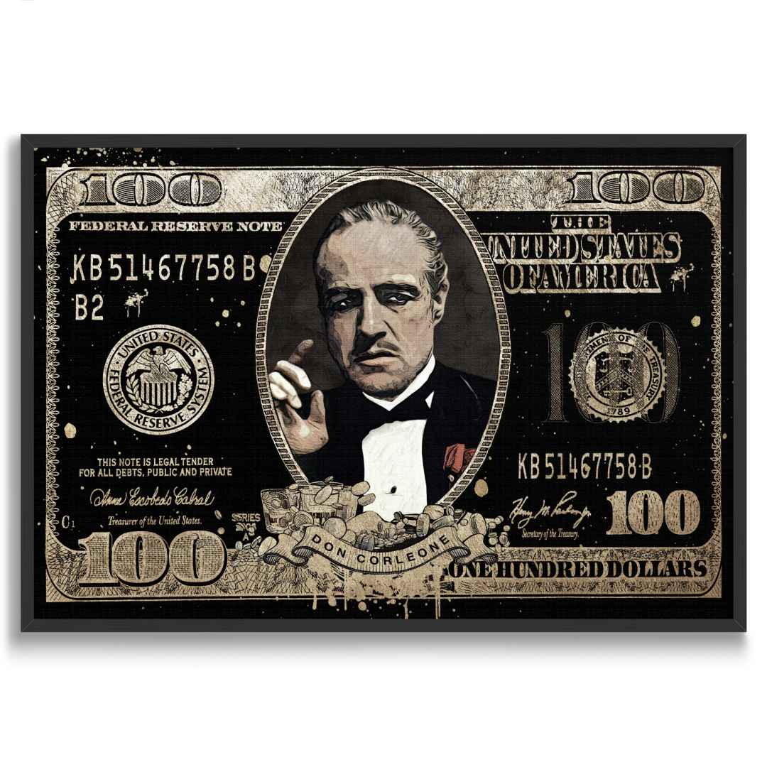 Stampa su tela pop art di banconota da 100$ con Don Vito Corleone come Il Padrino con cornice nera