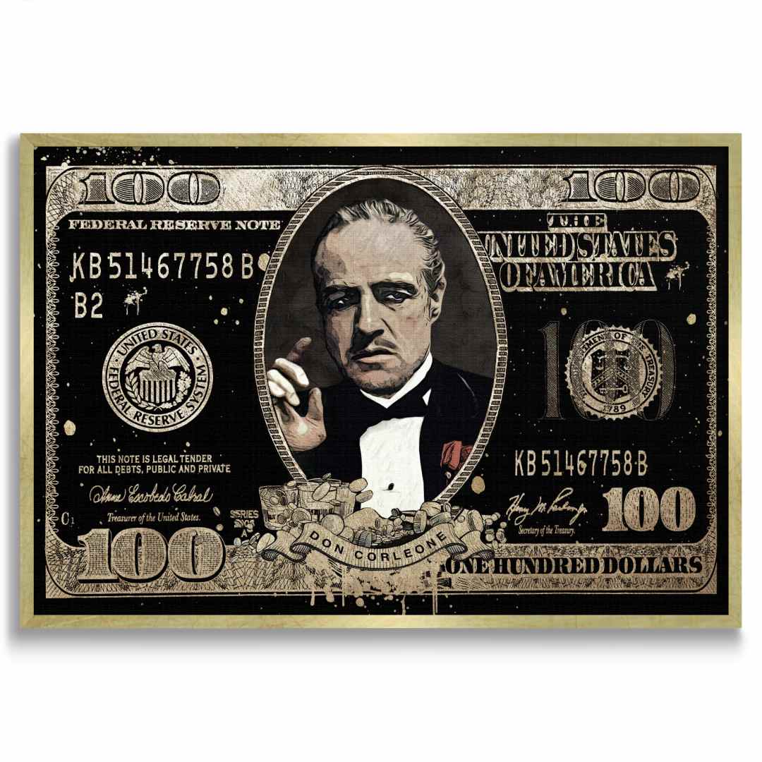 Stampa su tela pop art di banconota da 100$ con Don Vito Corleone come Il Padrino con cornice oro