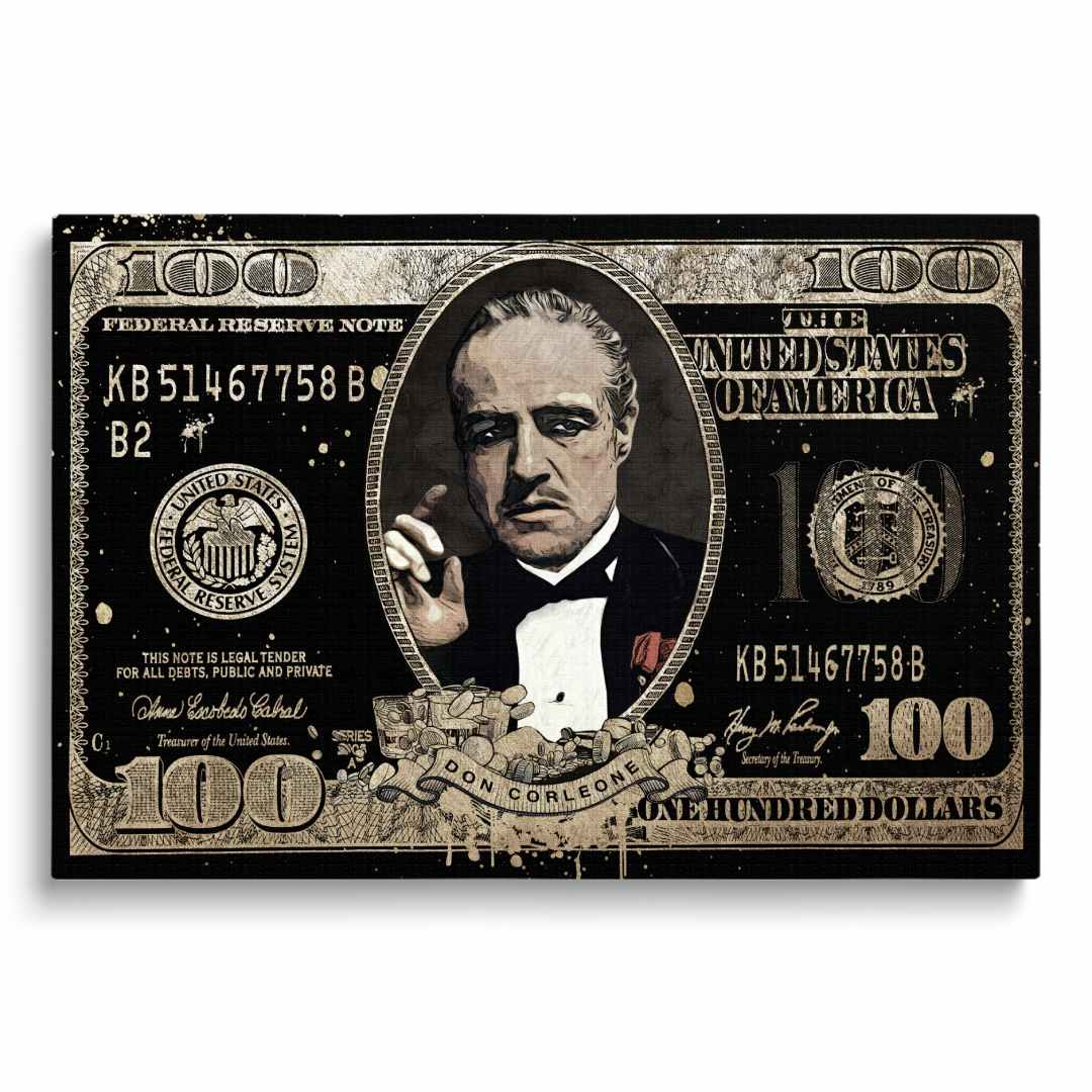 Stampa su tela pop art di banconota da 100$ con Don Vito Corleone come Il Padrino, su sfondo bianco