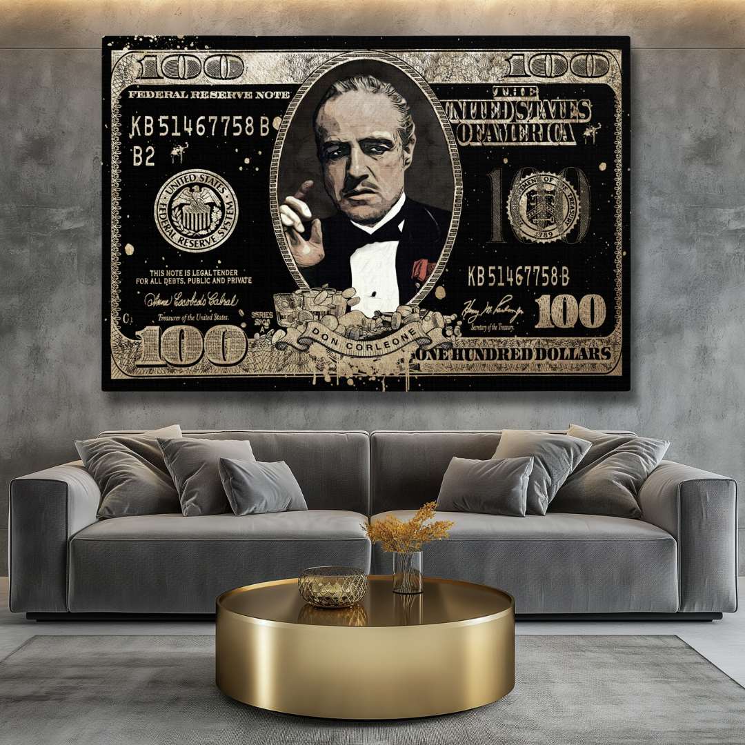 Salotto con stampa su tela pop art di banconota da 100$ con Don Vito Corleone come Il Padrino