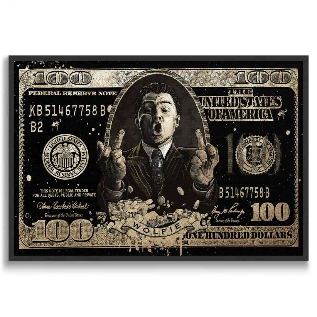 Stampa su tela pop art di banconota da 100$ con DiCaprio come Jordan Belfort in wolf of wall street, con cornice nera e sfondo bianco