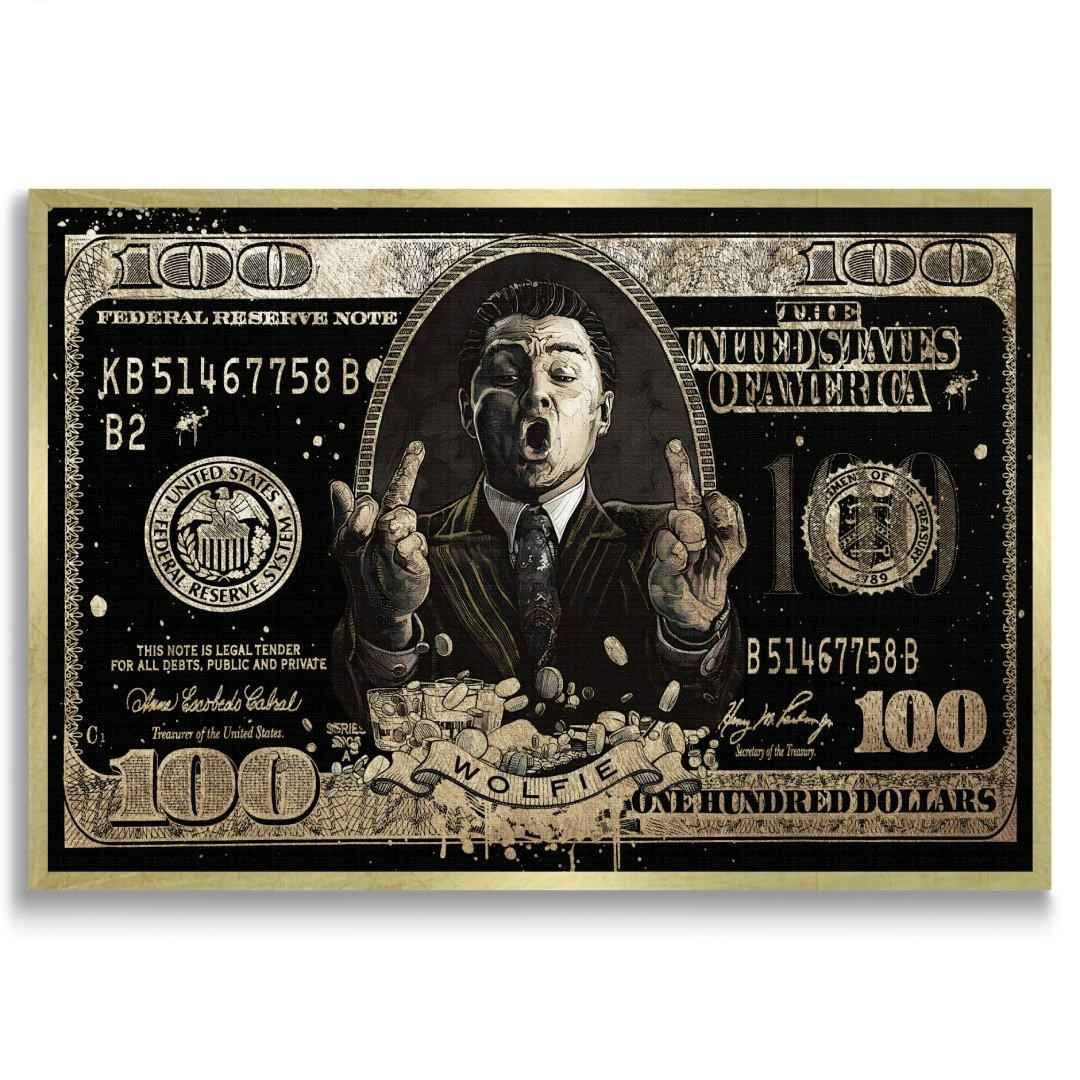 Stampa su tela pop art di banconota da 100$ con DiCaprio come Jordan Belfort in wolf of wall street, con cornice oro e sfondo bianco