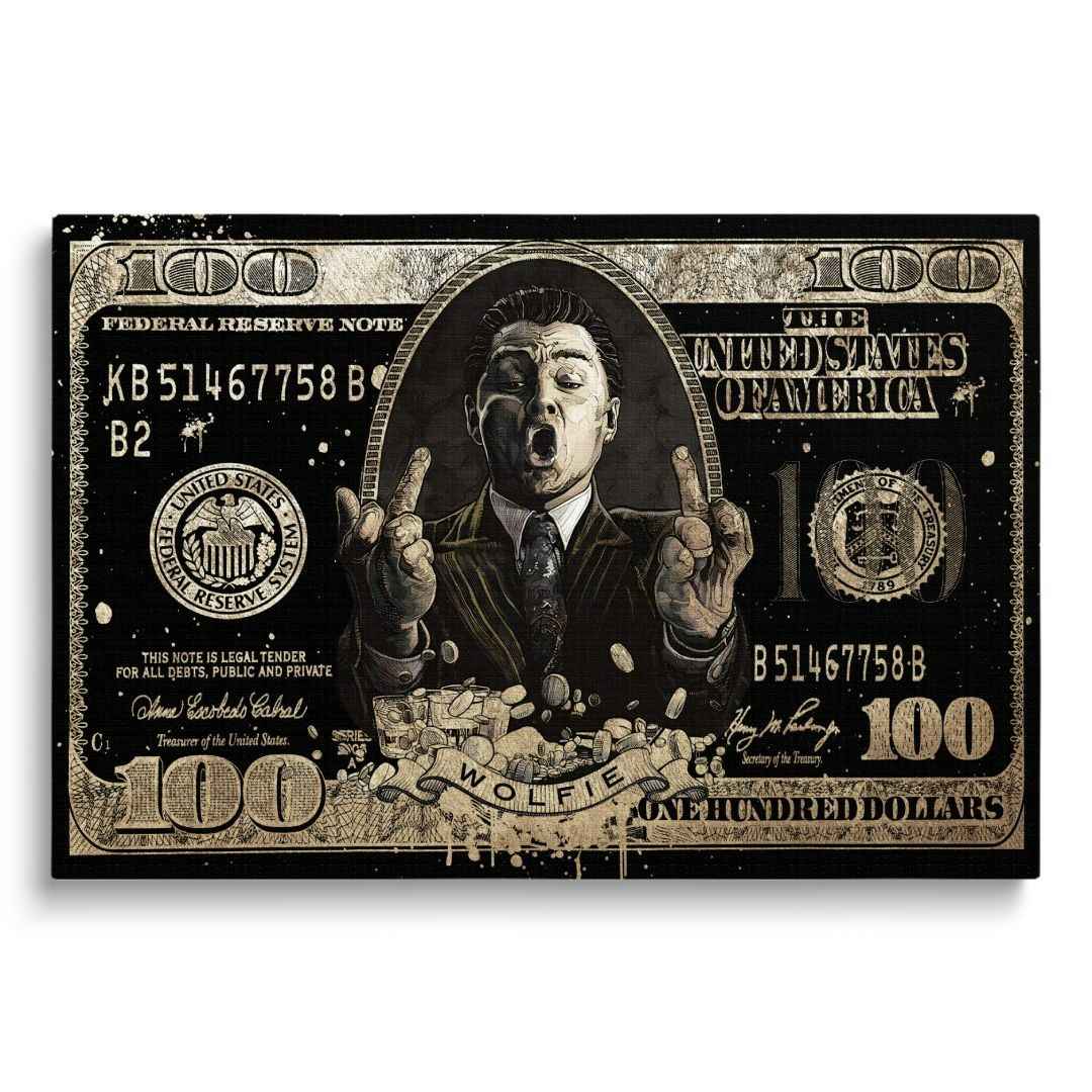 Stampa su tela pop art di banconota da 100$ con DiCaprio come Jordan Belfort in wolf of wall street, su sfondo bianco