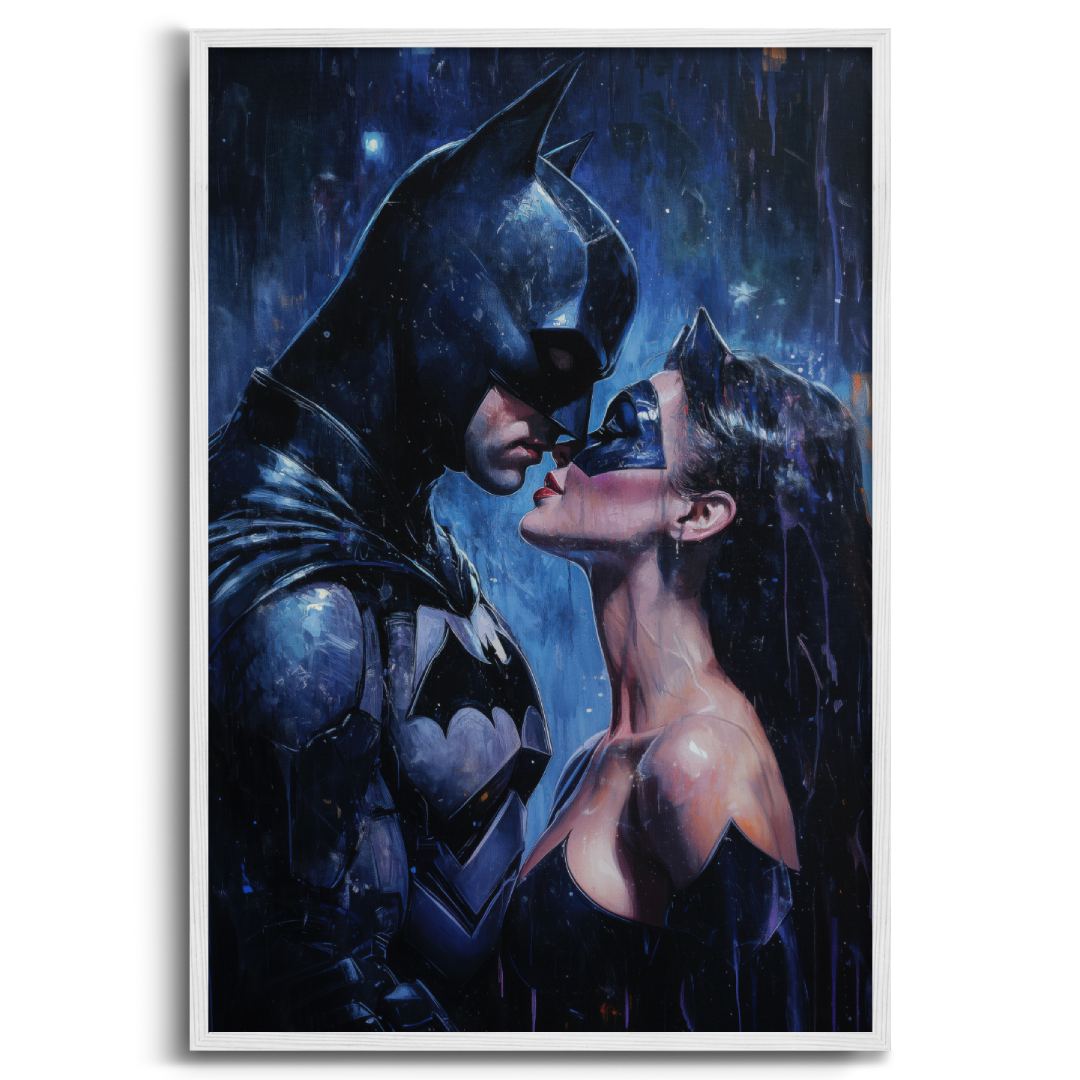 appeso quadro moderno bacio nell'oscurità pop art graffiti batman catwoman cornice bianca 
