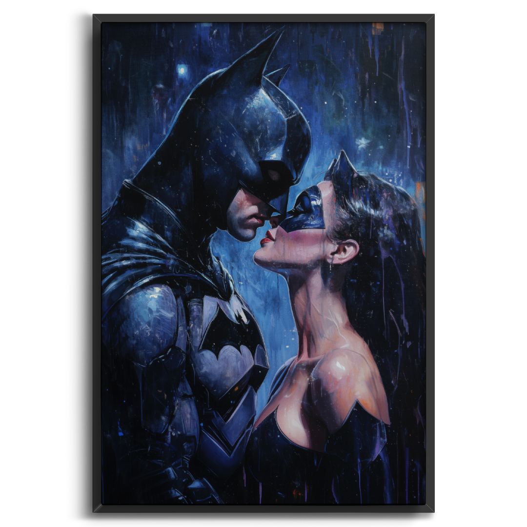 appeso quadro moderno bacio nell'oscurità pop art graffiti batman catwoman cornice nera 