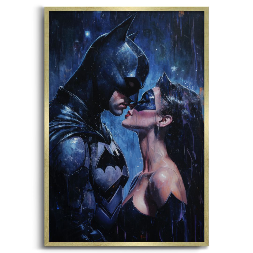 appeso quadro moderno bacio nell'oscurità pop art graffiti batman catwoman cornice oro 