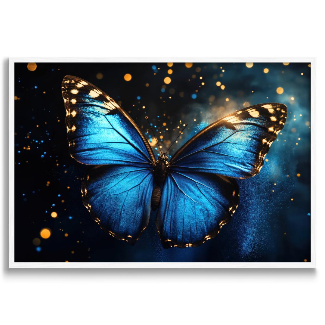 quadro moderno su tela farfalla blu particelle di luce sullo sfondo cornice bianca sfondo bianco