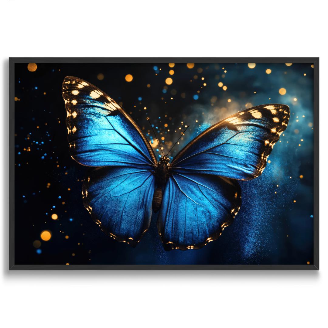 quadro moderno su tela farfalla blu particelle di luce sullo sfondo cornice nera sfondo bianco