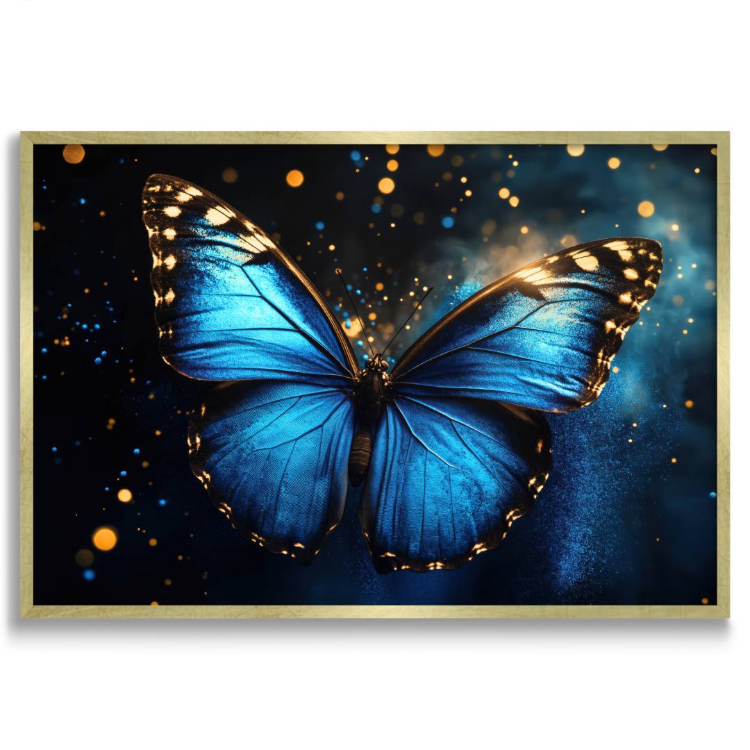 quadro moderno su tela farfalla blu particelle di luce sullo sfondo cornice oro sfondo bianco