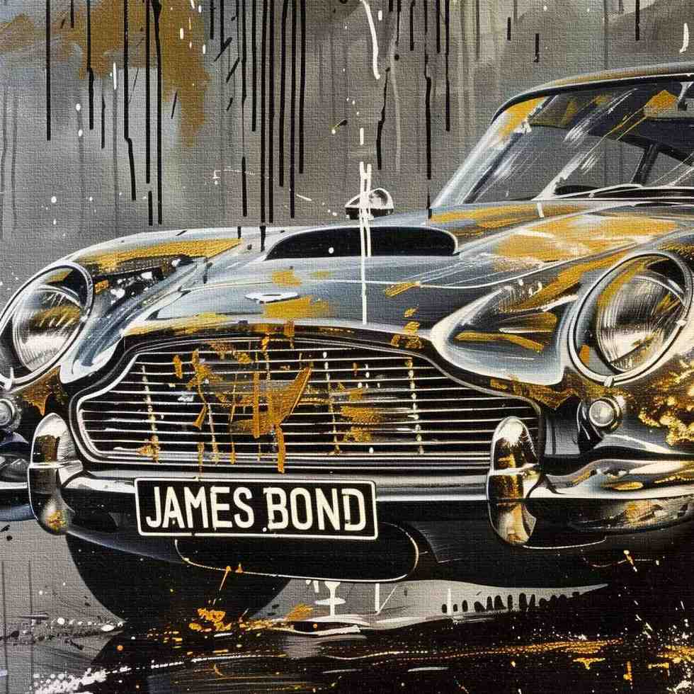 dettaglio stampa su tela moderna della Aston Martin di James Bond 007, in stile astratto e contemporaneo