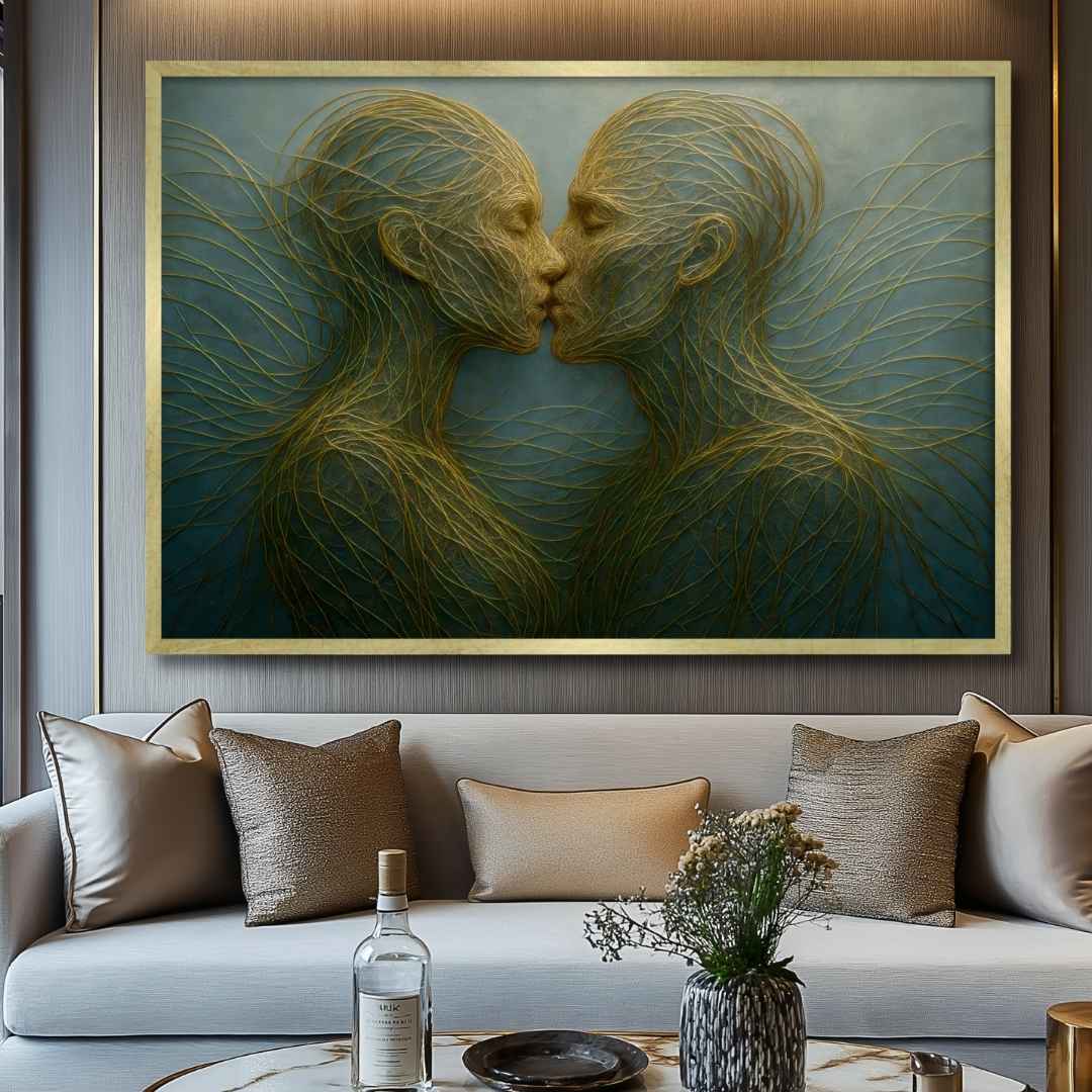 quadro moderno astratto bacio persone fili d'oro sfondo verde riflessi appeso soggiorno sopra divano