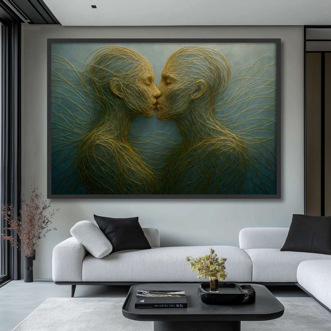 quadro moderno astratto bacio persone fili d'oro sfondo verde riflessi appeso soggiorno