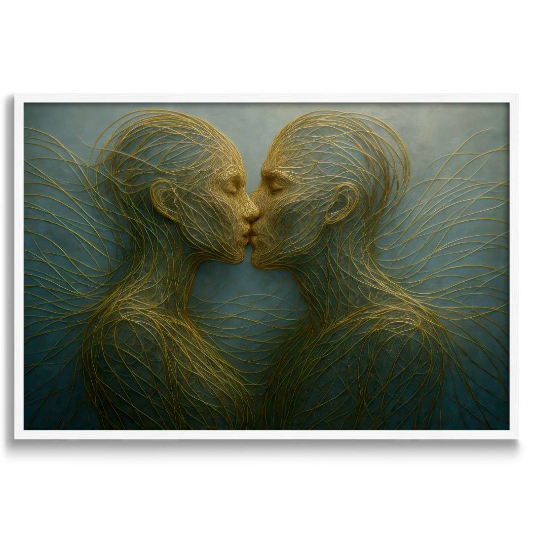 quadro moderno astratto bacio persone fatte di fili d'oro sfondo verde cornice bianca