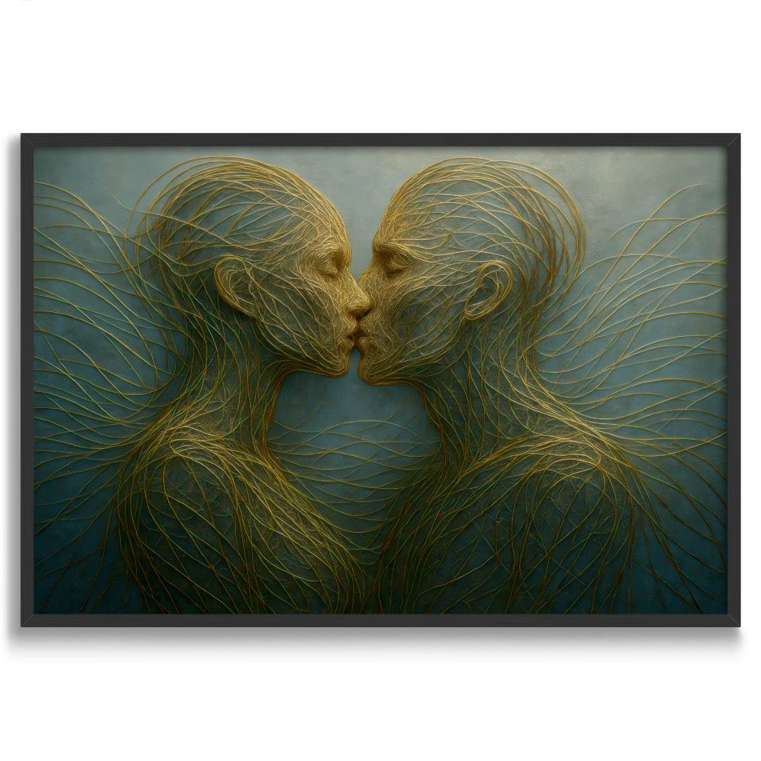 quadro moderno astratto bacio persone fatte di fili d'oro sfondo verde cornice nera