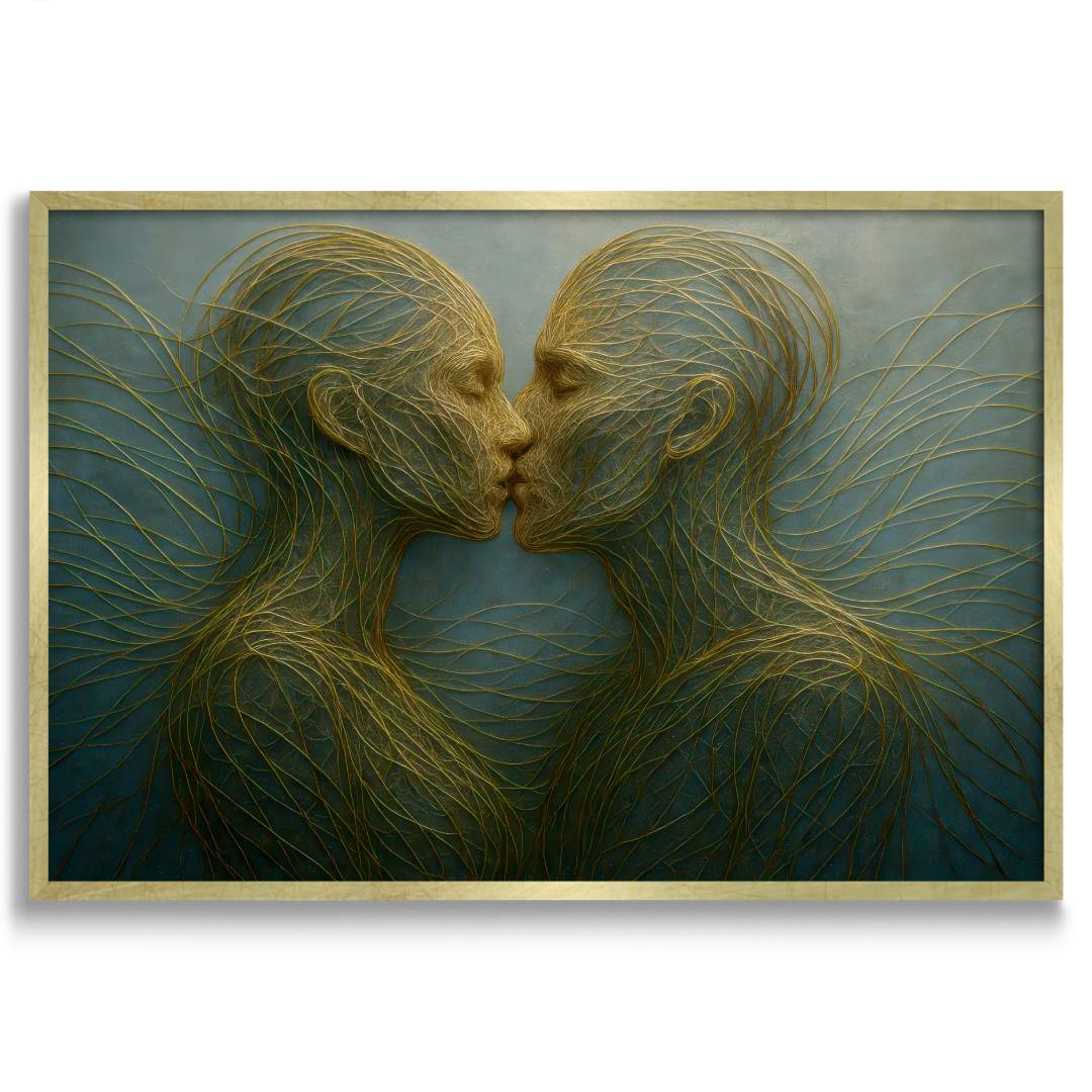 quadro moderno astratto bacio persone fatte di fili d'oro sfondo verde cornice oro