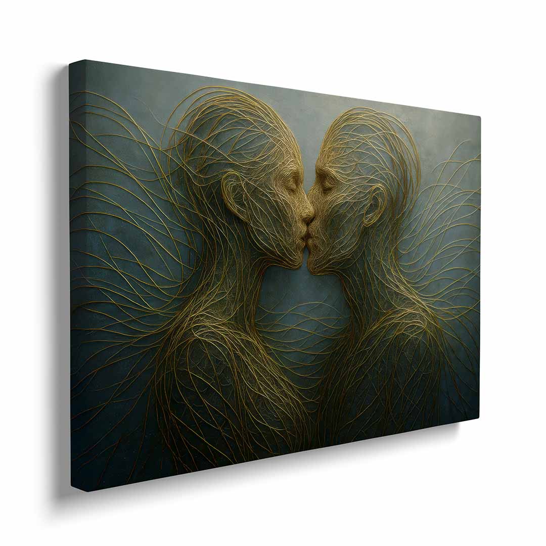 dettaglio quadro moderno astratto bacio persone fili d'oro sfondo verde appeso