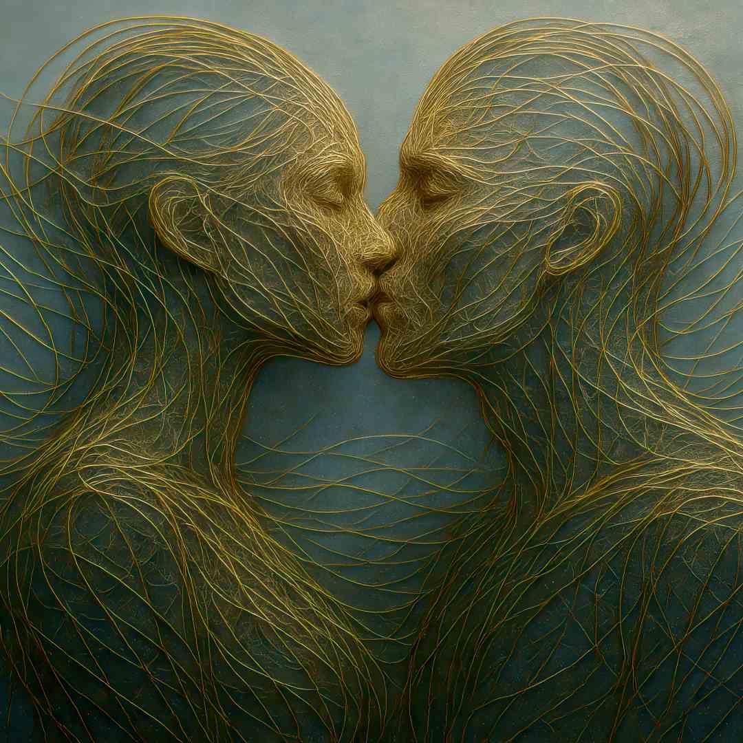 dettaglio zoom quadro moderno astratto bacio persone fili d'oro sfondo verde appeso