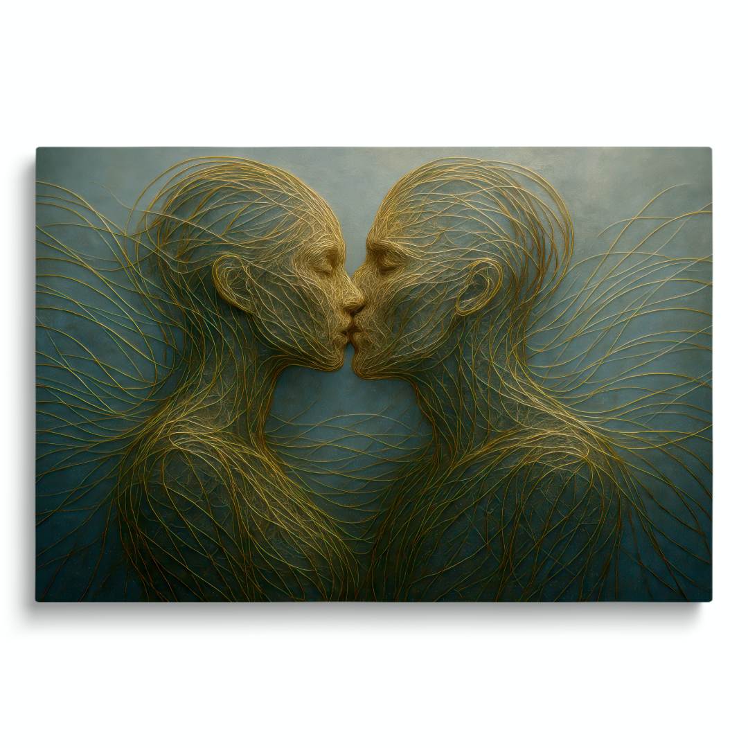 quadro moderno astratto bacio persone fatte di fili d'oro sfondo verde