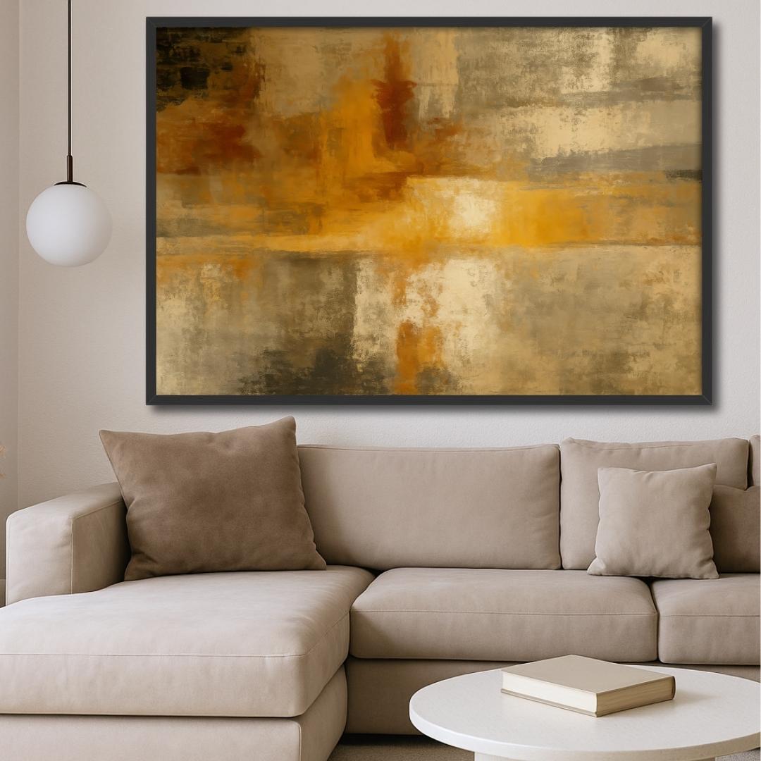 quadro moderno astratto giallo arancio beige riflessi appeso salotto