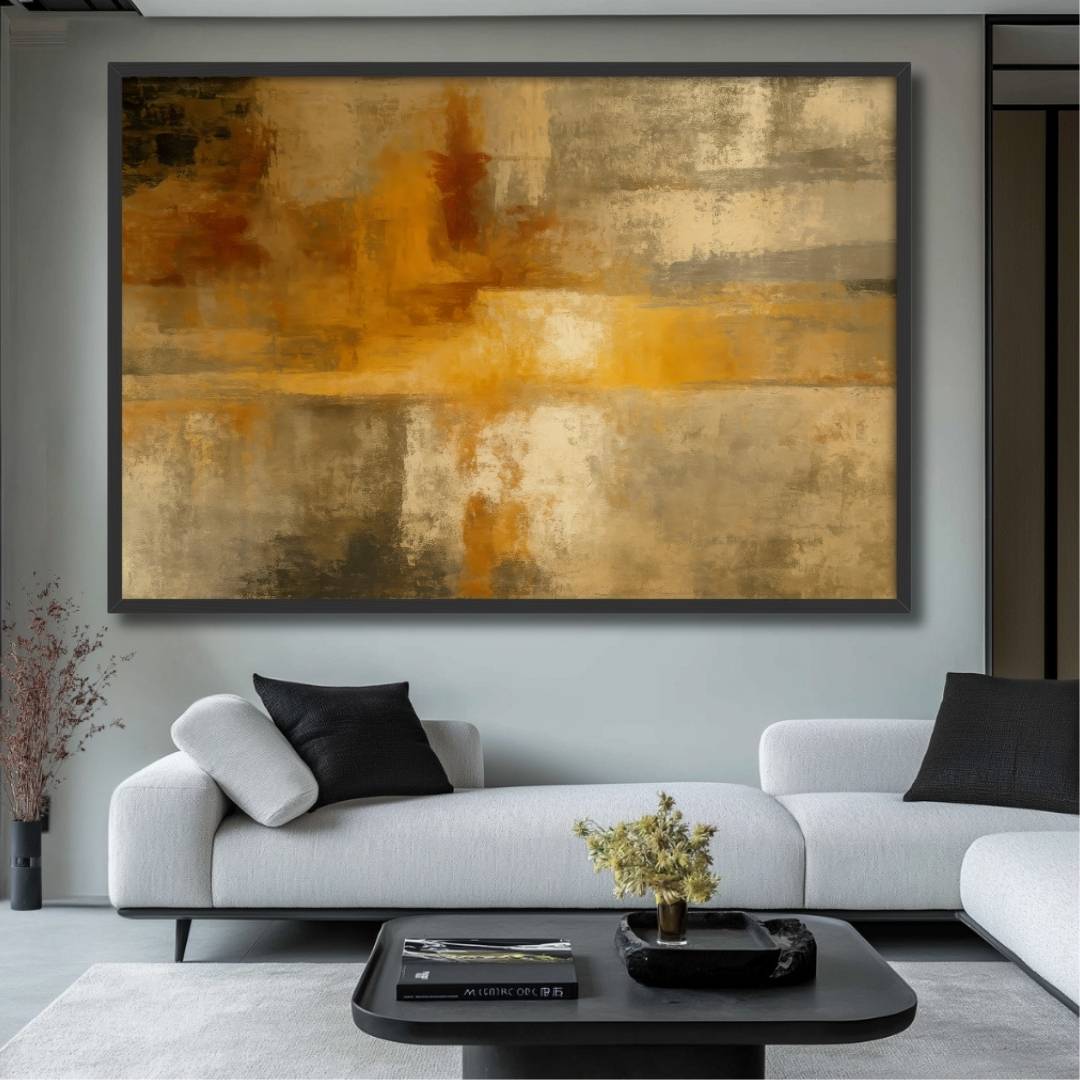 quadro moderno astratto giallo arancio beige riflessi appeso soggiorno